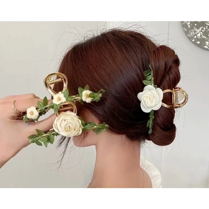 Retail $25 Satin Camellia Flower Gold Hairclip*BEAUTIFUL*WEDDING READY