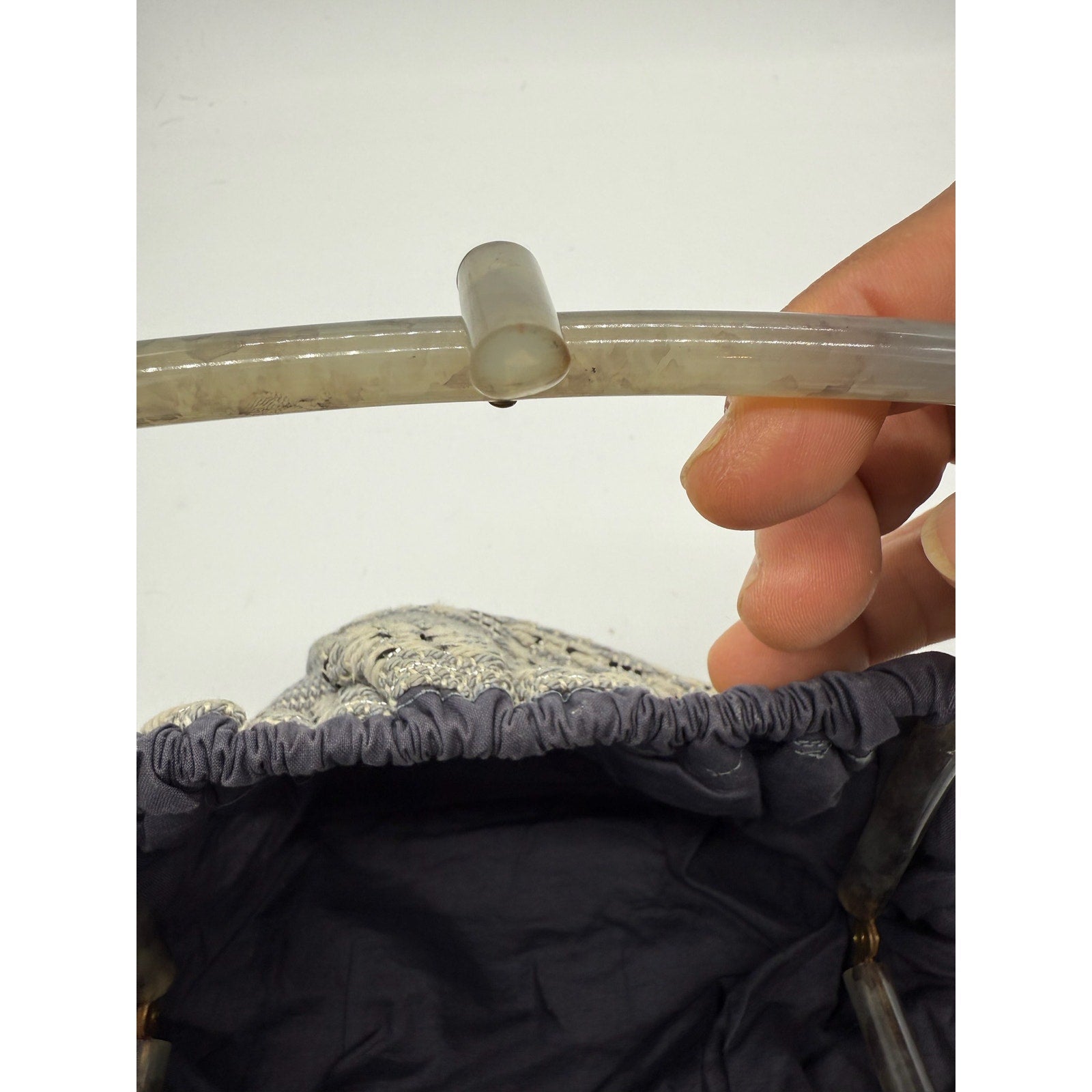Vintage Antique 60's Style Macrame Top Handle Bag*Beautiful Navy Silver Threads