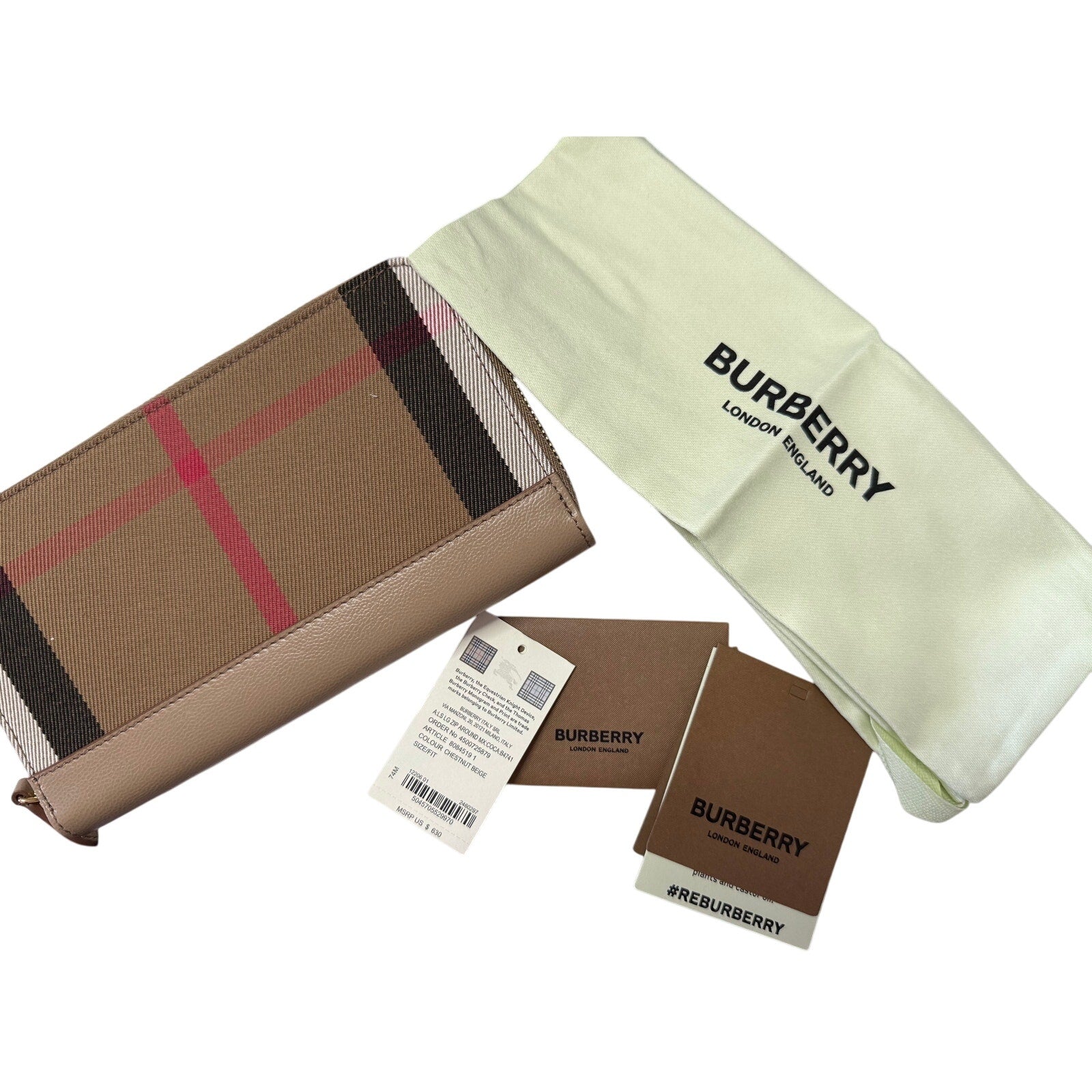 BURBERRY Long Zip Wallet*Chestnut Beige 100% Cotton Check & Leather*NEW w/TAGS
