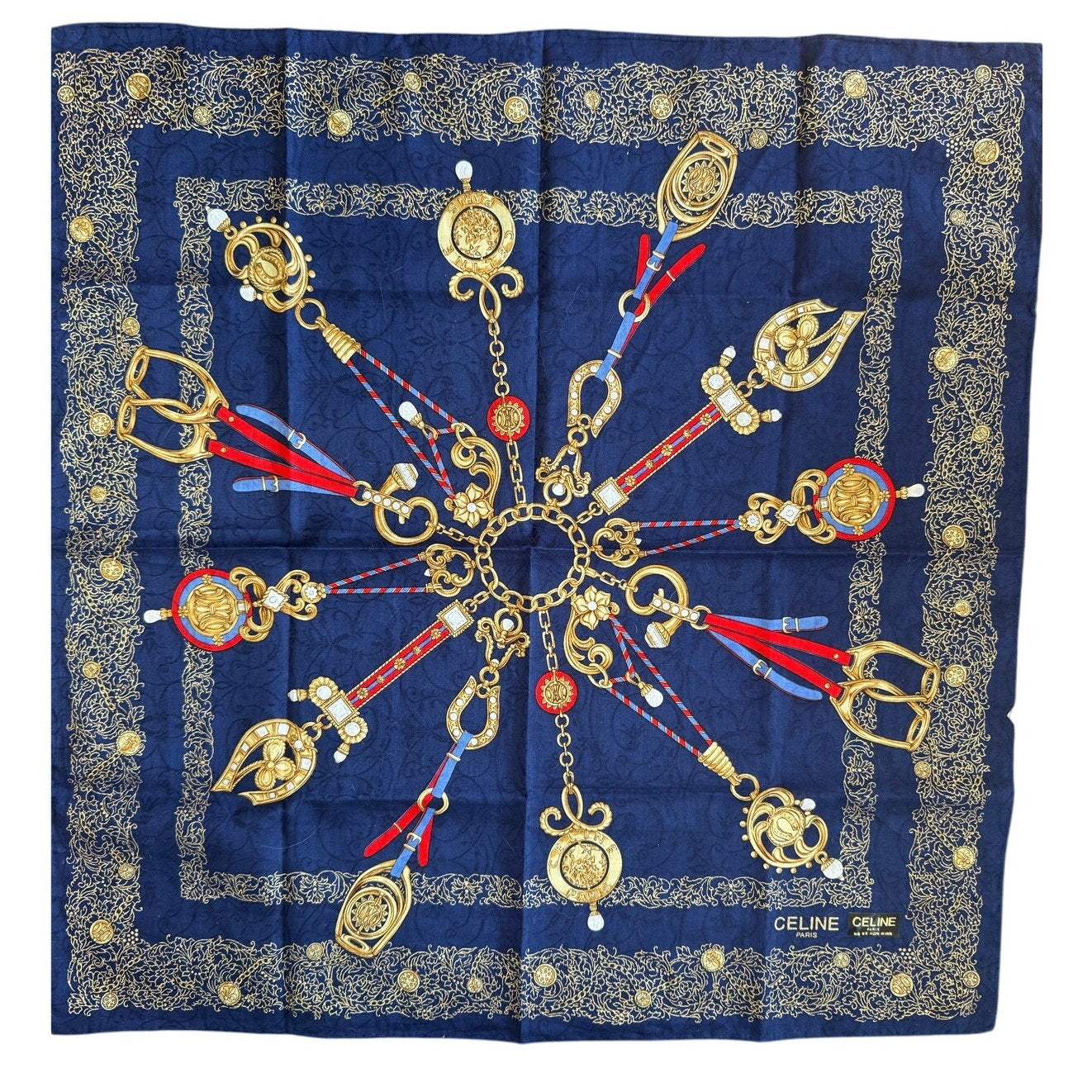 Vintage Celine Cotton Square Scarf*Beautiful Jewel Colors Pattern*Tag in tact