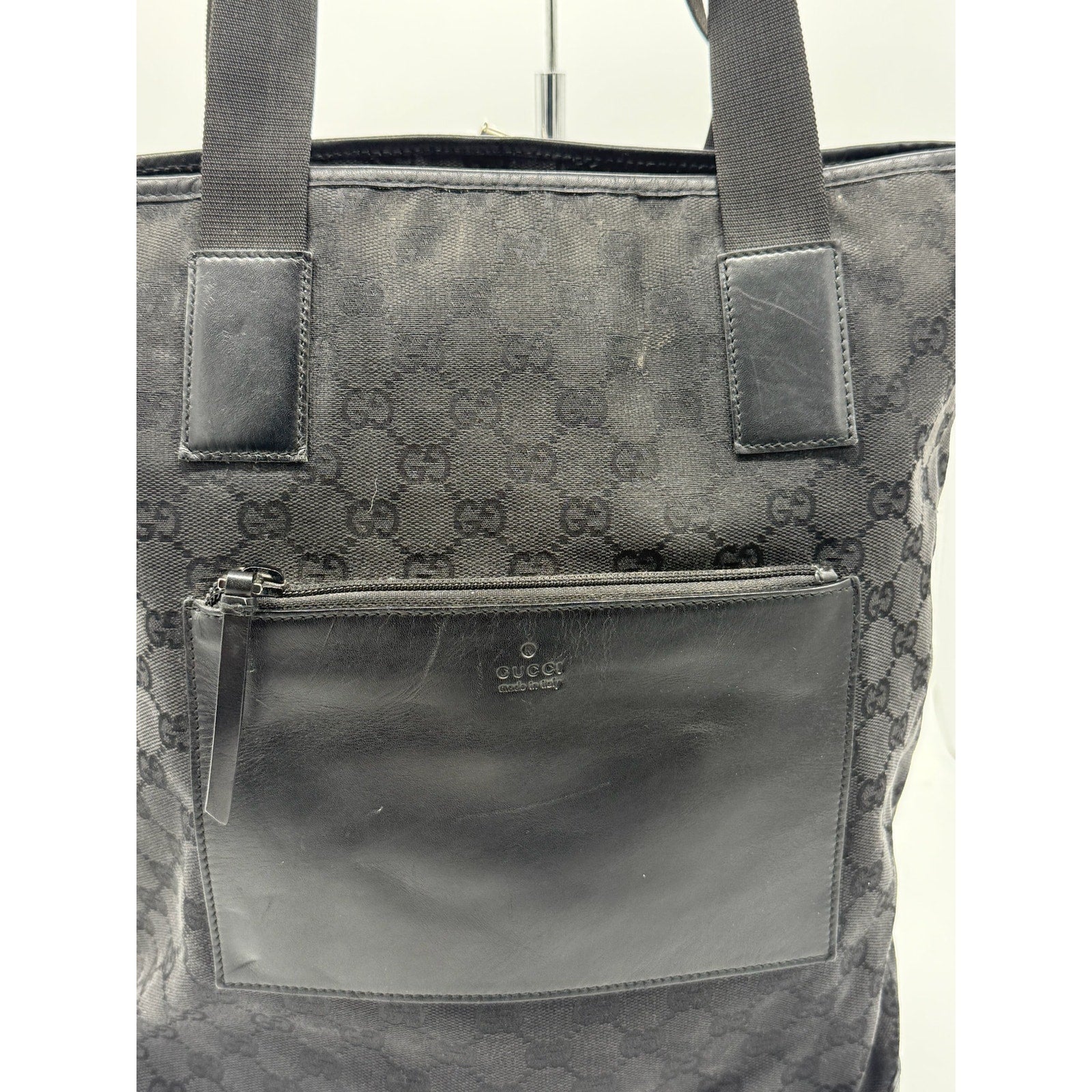 GUCCI Black Guccissima Monogram Nylon Tote Bag with leather*COA included