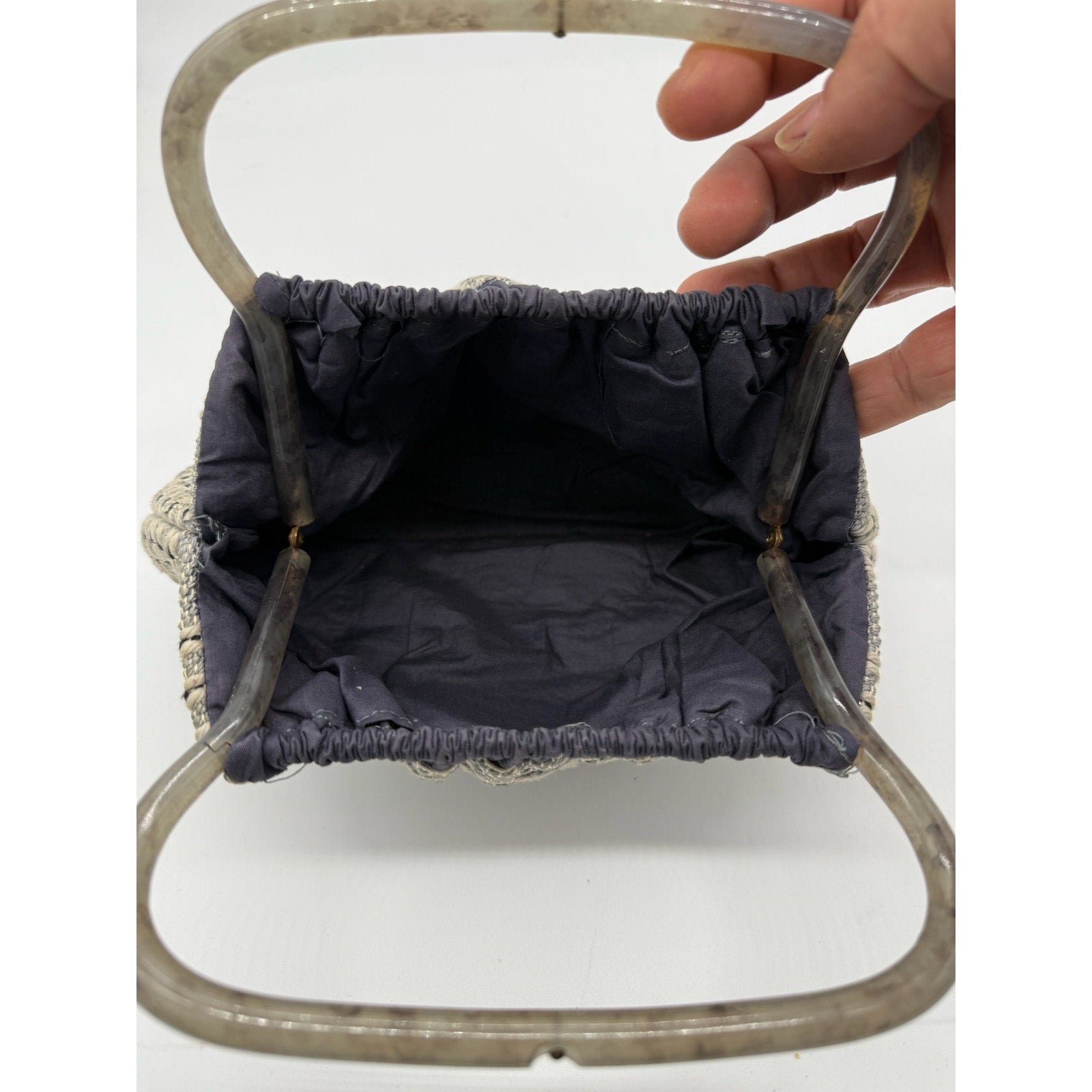 Vintage Antique 60's Style Macrame Top Handle Bag*Beautiful Navy Silver Threads