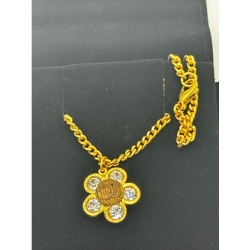 CHANEL Coco Mark Camellia Flower Motif Crystal Necklace Gold Plated*17" w/box
