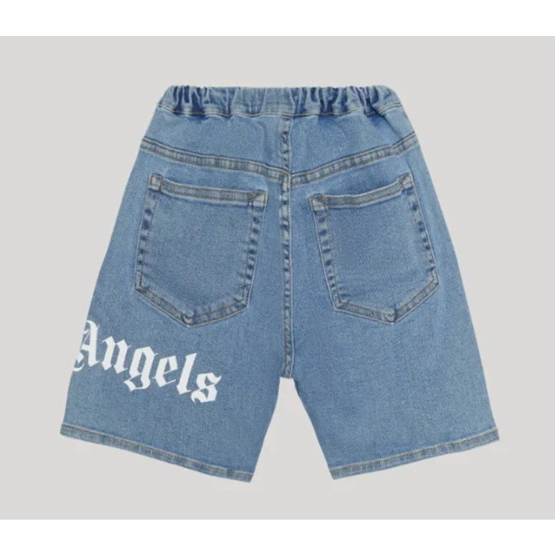 RETAIL $325 Palm Angels Kids Denim Light Blue Wash Logo Shorts*BRAND-NEW w/tags