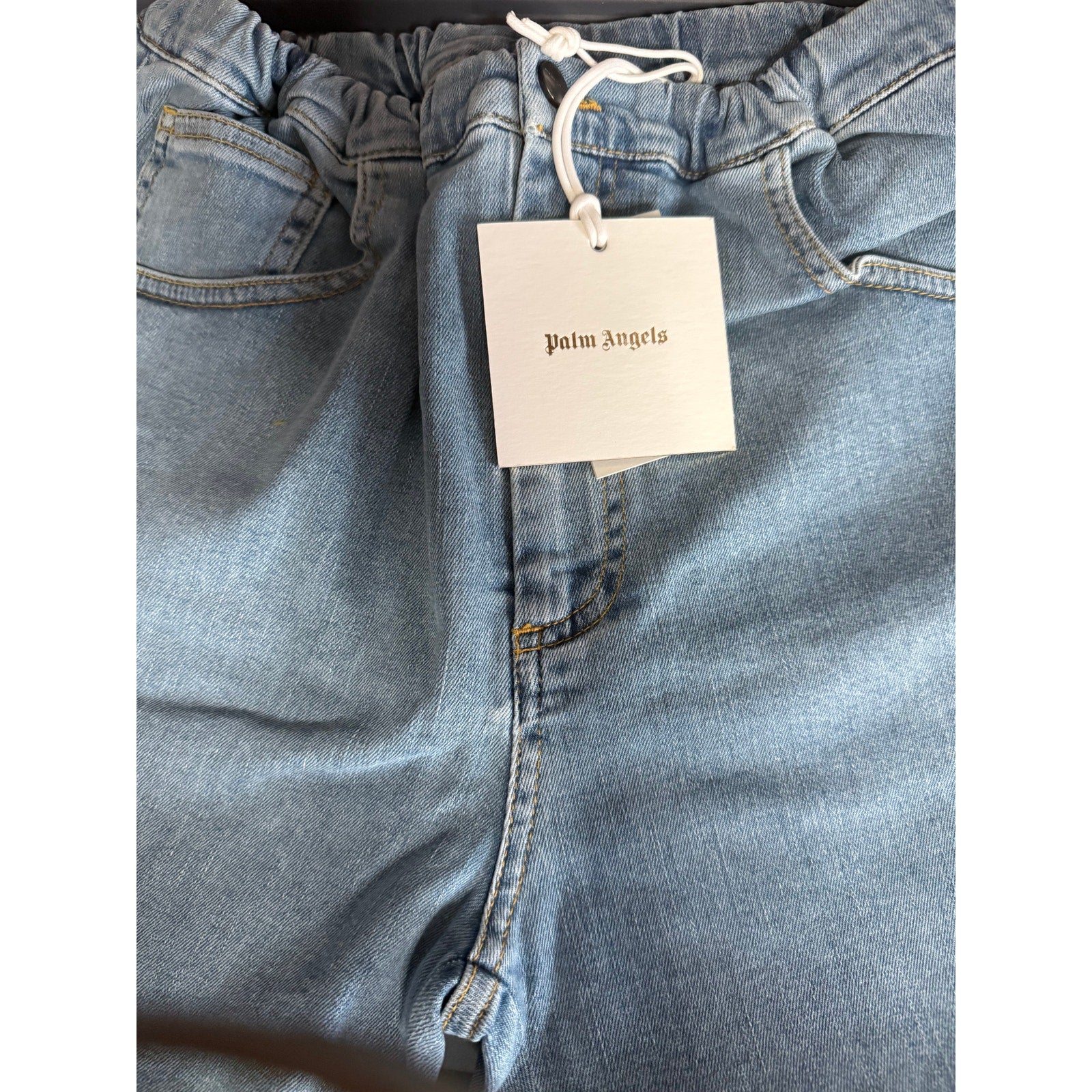 RETAIL $325 Palm Angels Kids Denim Light Blue Wash Logo Shorts*BRAND-NEW w/tags