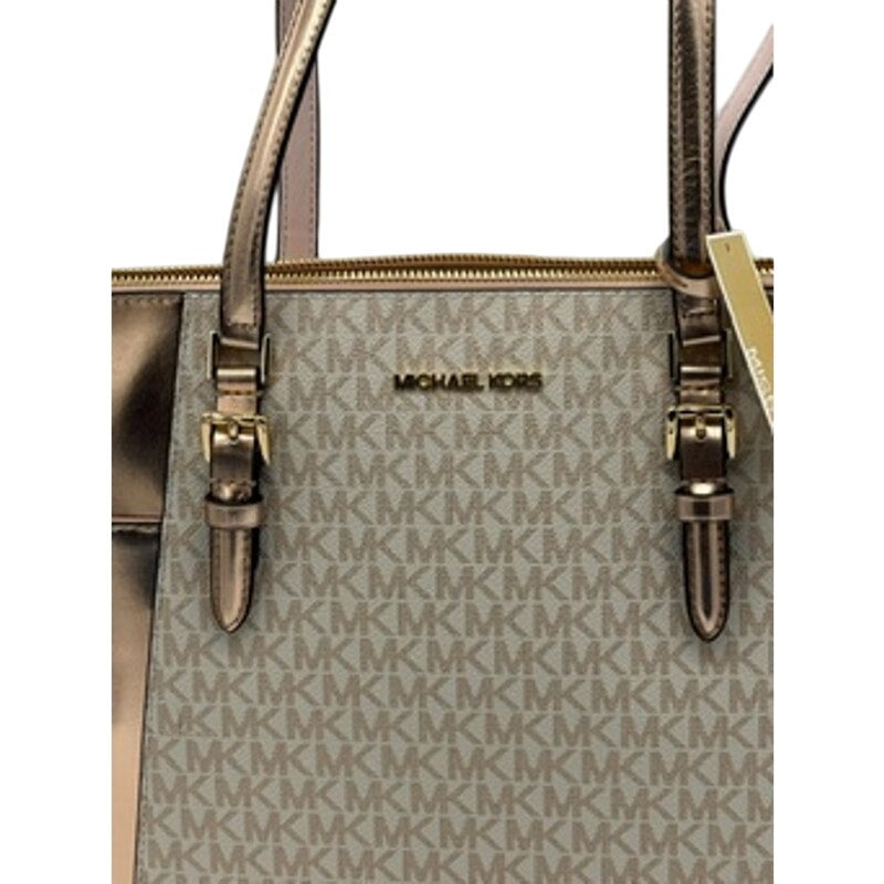 RETAIL $448 Michael Kors Charlotte Large Signature Logo Metallic Top-Zip Tote