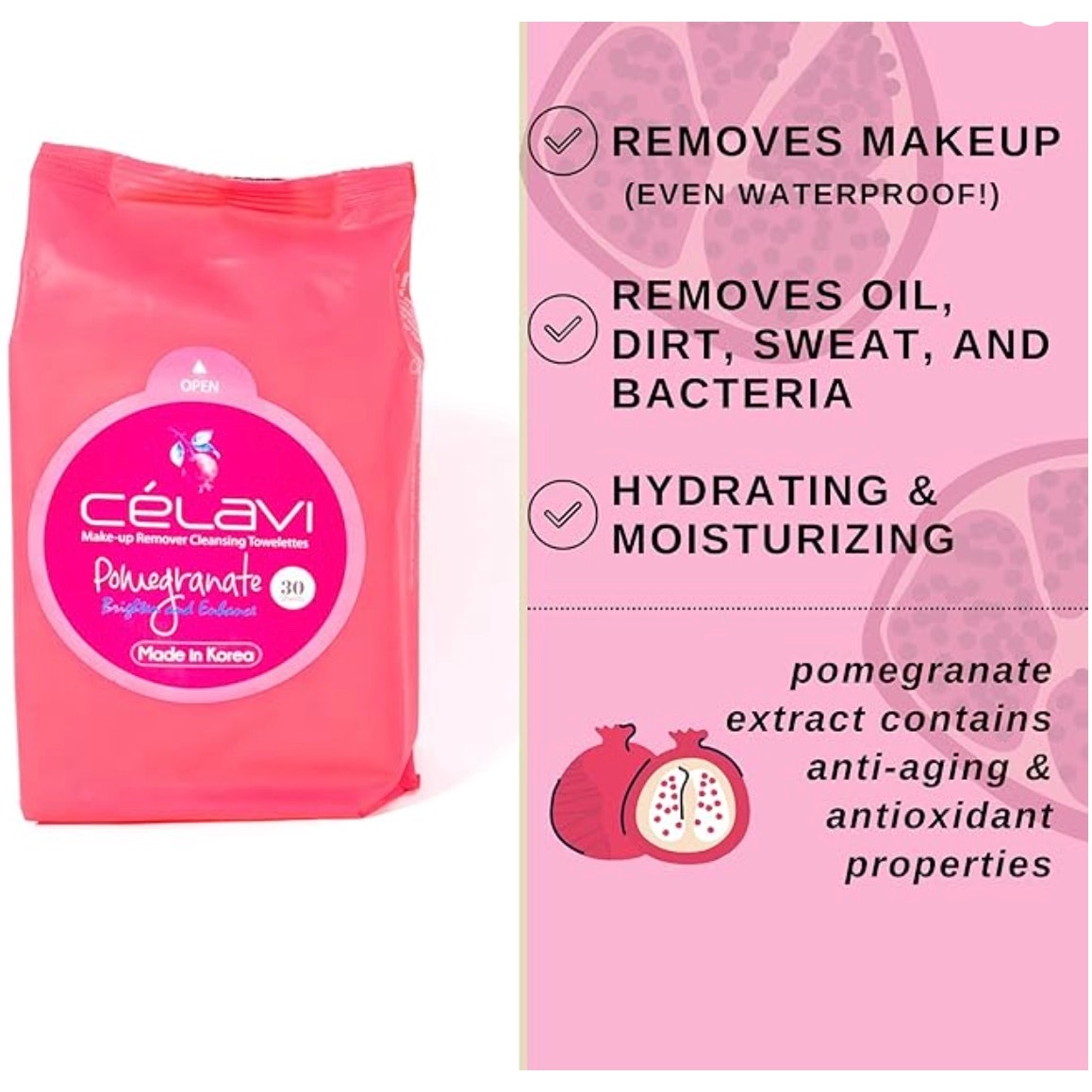K-Care Celavi Makeup Remover Cleansing Wipes 30 pc per pack*Pomegranate*2 pack