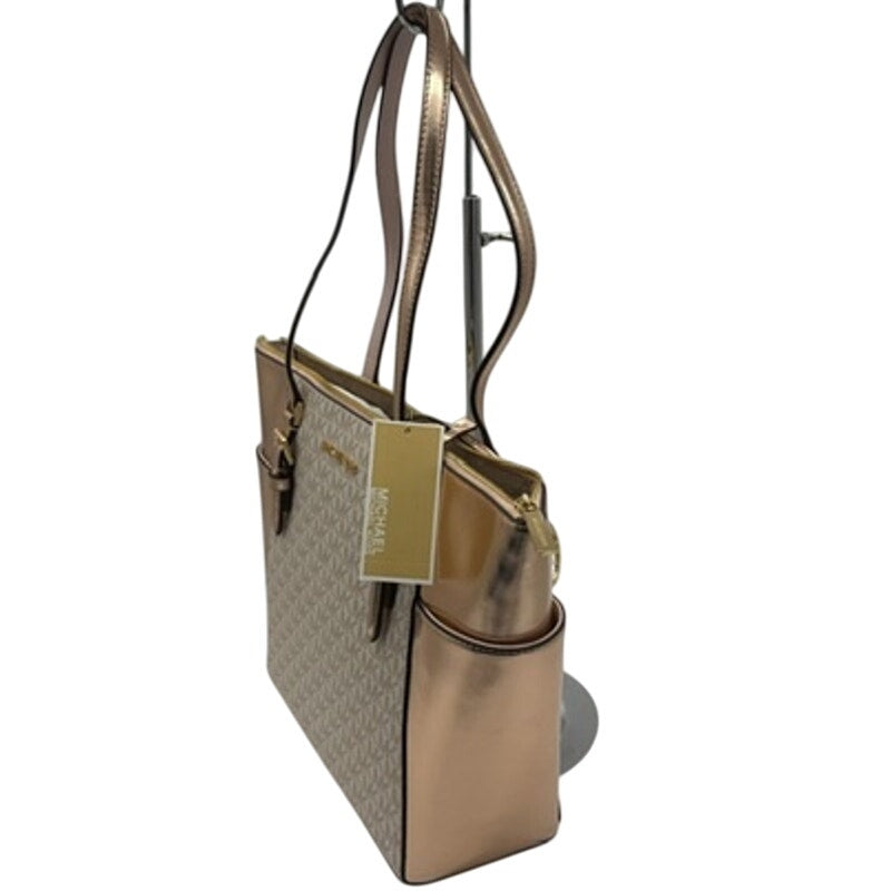 RETAIL $448 Michael Kors Charlotte Large Signature Logo Metallic Top-Zip Tote