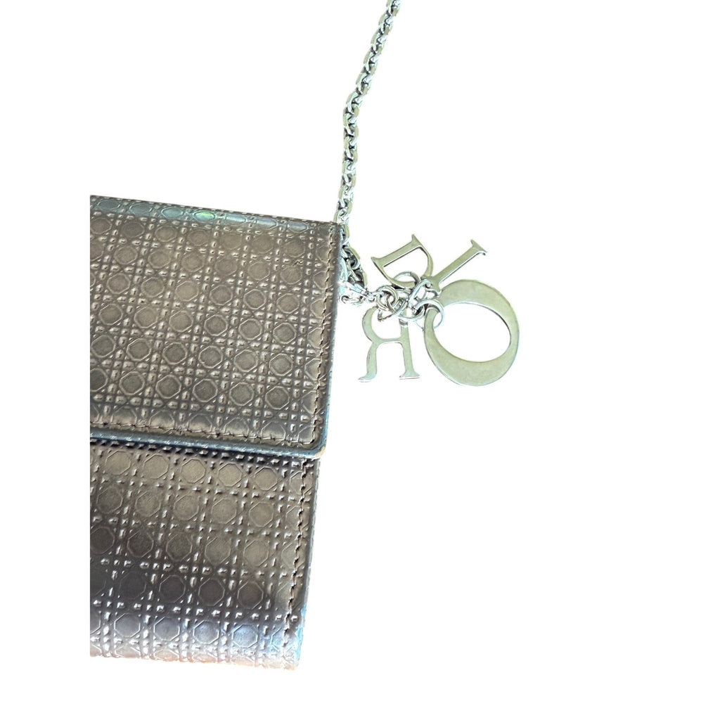 CHRISTIAN DIOR METALLIC ROSE PATENT MICRO-CANNAGE WALLET ON CHAIN*Full Set