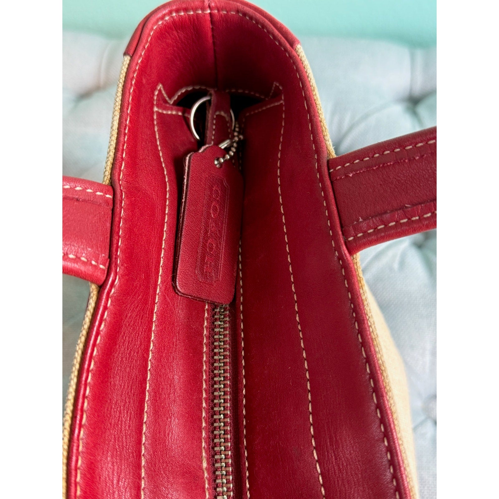 Coach 6121 Bleecker Satchel Linen Canvas & Red Leather Tote Bag*Vintage 1999
