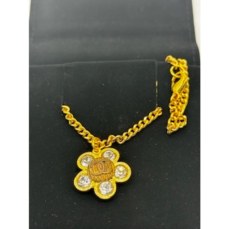 CHANEL Coco Mark Camellia Flower Motif Crystal Necklace Gold Plated*17" w/box