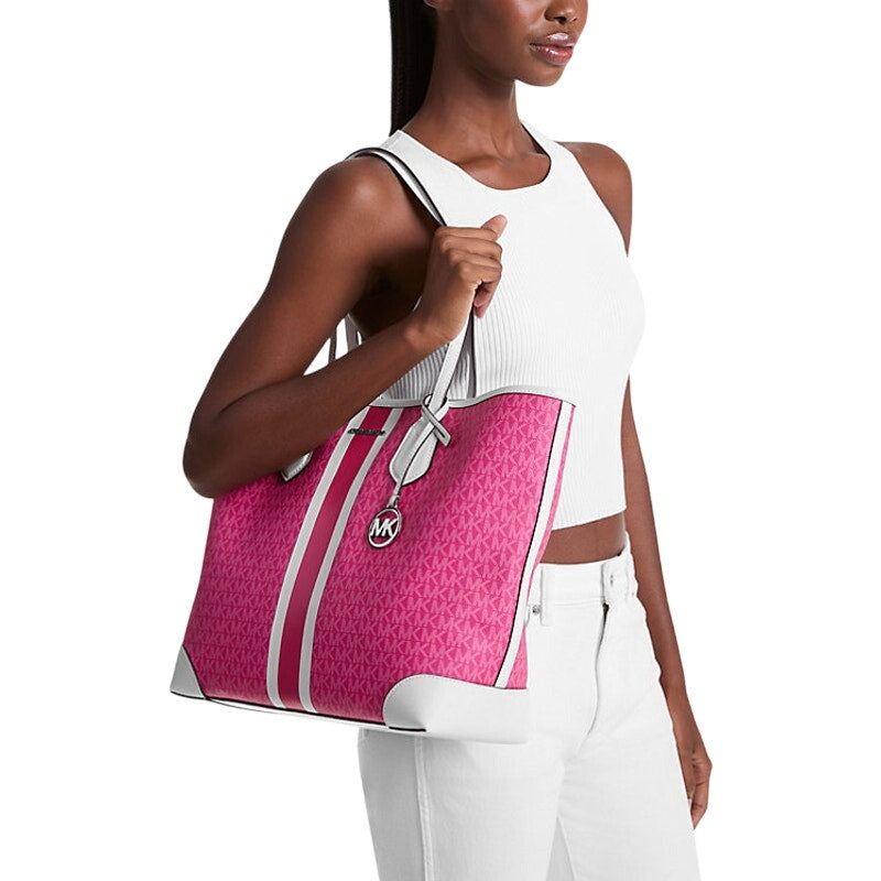 RETAIL $498 Michael Kors Pink Eva Large Signature Logo Stripe Tote Bag*NWT