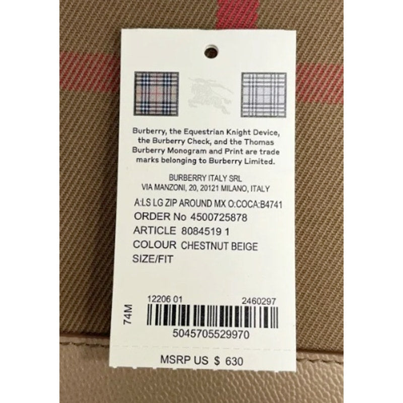 BURBERRY Long Zip Wallet*Chestnut Beige 100% Cotton Check & Leather*NEW w/TAGS