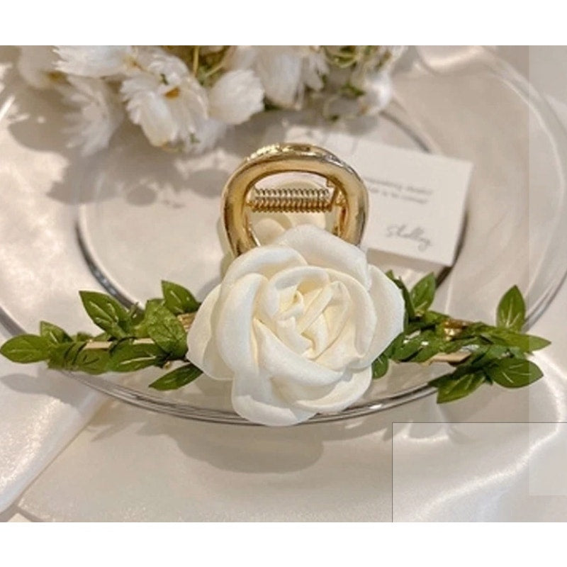 Retail $25 Satin Camellia Flower Gold Hairclip*BEAUTIFUL*WEDDING READY