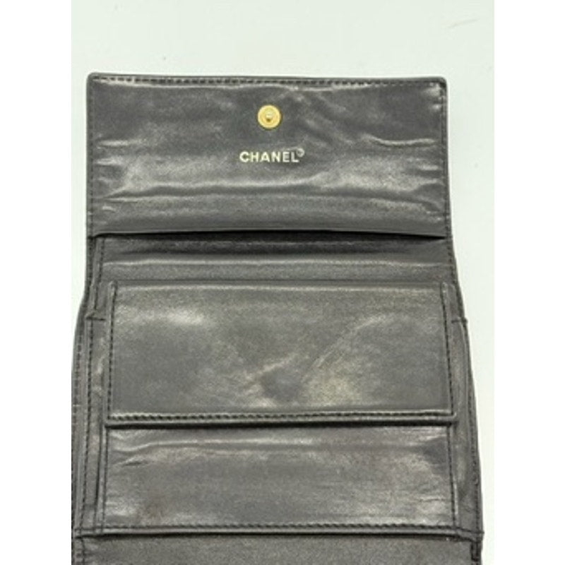 CHANEL  Leather Chocolate Bar Quilted Tri-Fold Wallet Black*w/BOX*Beautiful