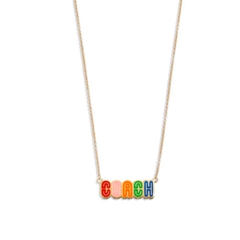 Coach Retro Rainbow Signature Enamel and Brass Necklace 16” +2” New on card