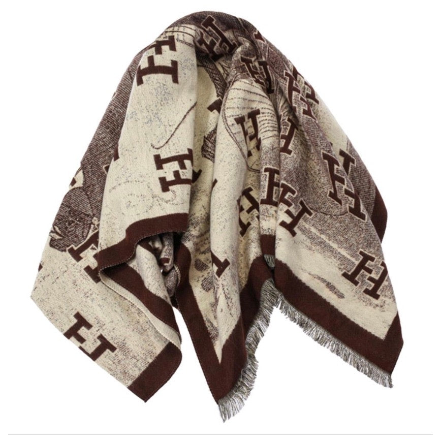 Letter H Monogram Fringe Oblong Scarf*Brown Lux Looking Scarf*Fashion Fun