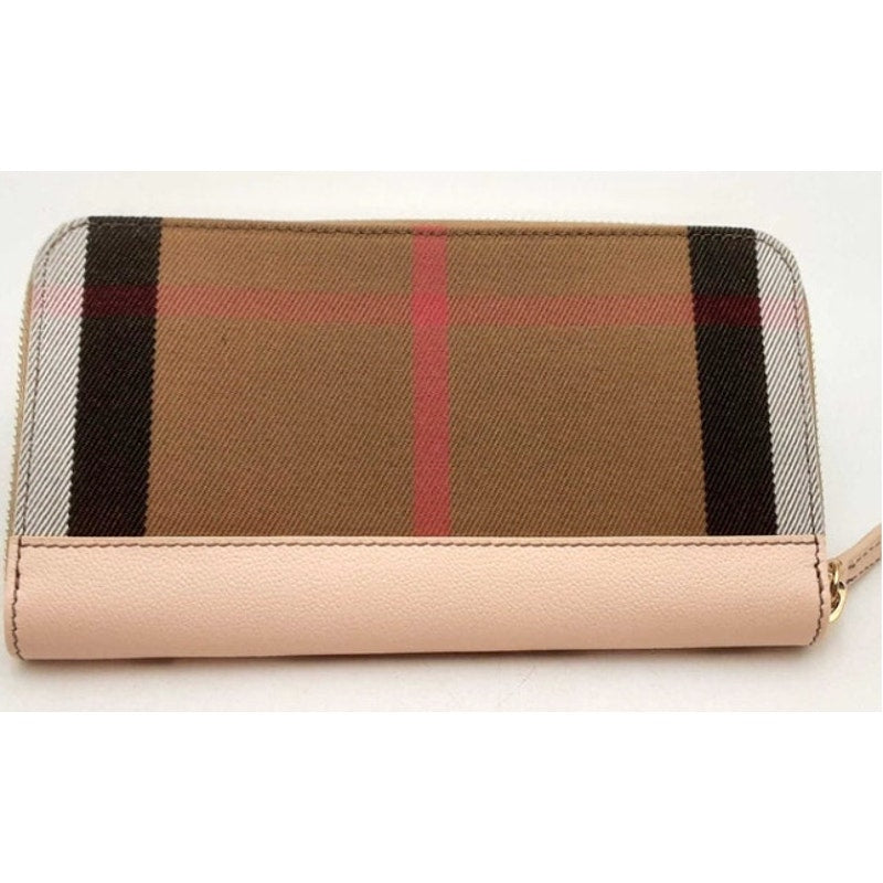 BURBERRY Long Zip Wallet*Pale Cameo 100% Cotton Check & Leather*NEW w/TAGS