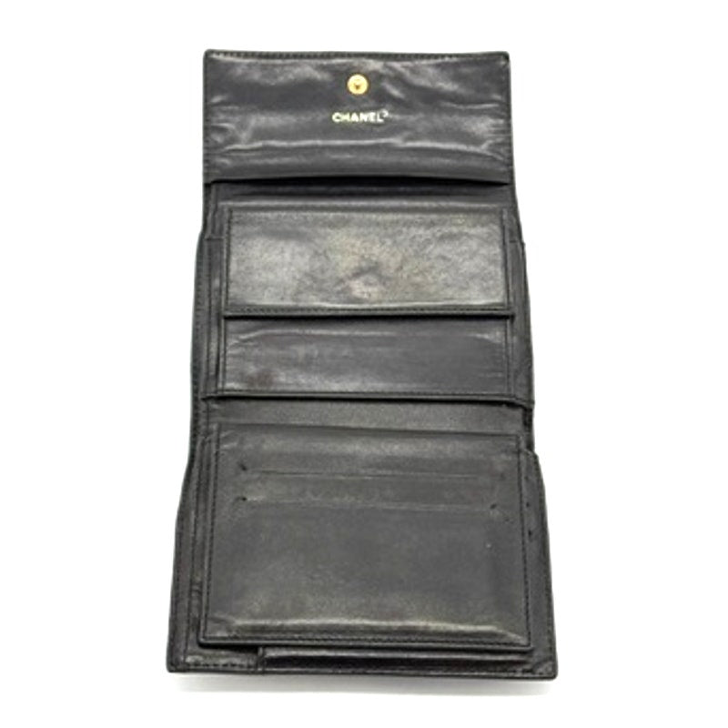 CHANEL  Leather Chocolate Bar Quilted Tri-Fold Wallet Black*w/BOX*Beautiful