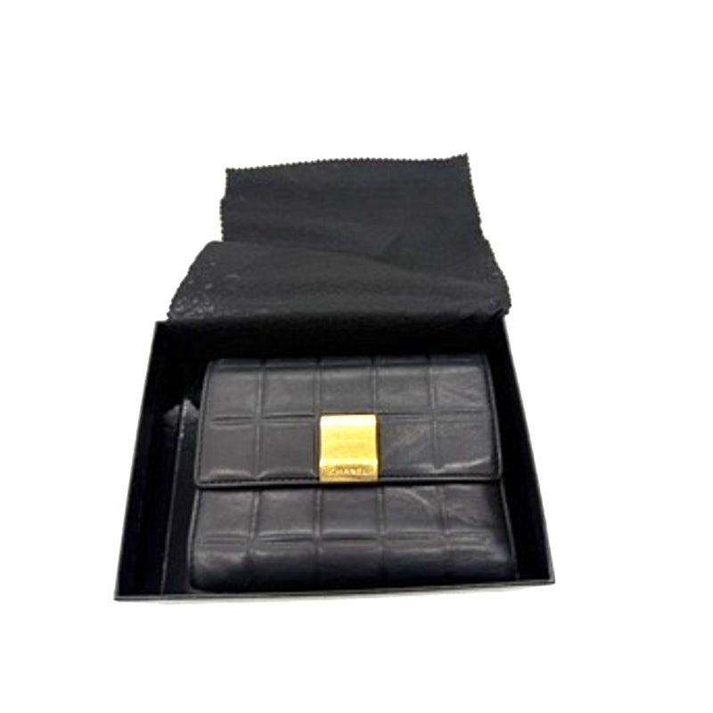 CHANEL  Leather Chocolate Bar Quilted Tri-Fold Wallet Black*w/BOX*Beautiful