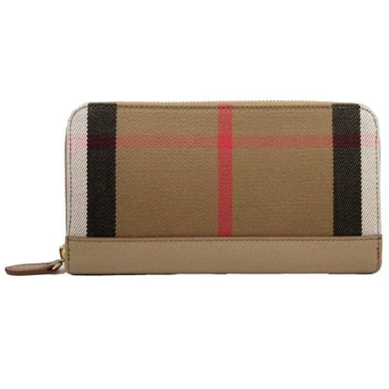BURBERRY Long Zip Wallet*Chestnut Beige 100% Cotton Check & Leather*NEW w/TAGS