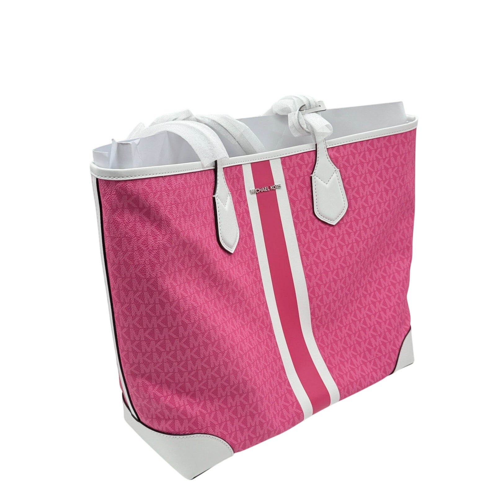 RETAIL $498 Michael Kors Pink Eva Large Signature Logo Stripe Tote Bag*NWT