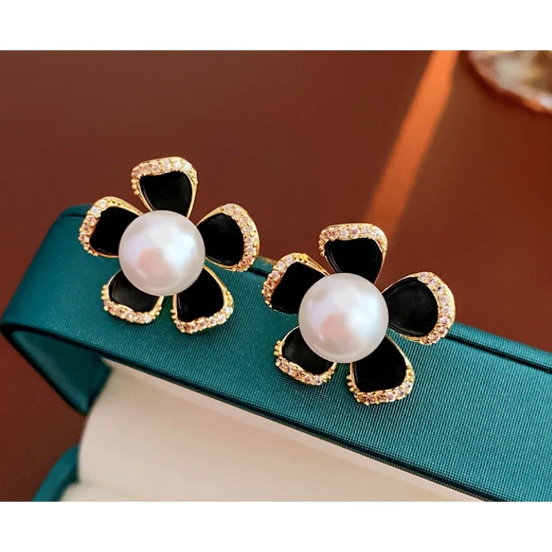 Retail $30 Camellia Flower Faux Pearl Copper Gold Plated Earrings*NEW