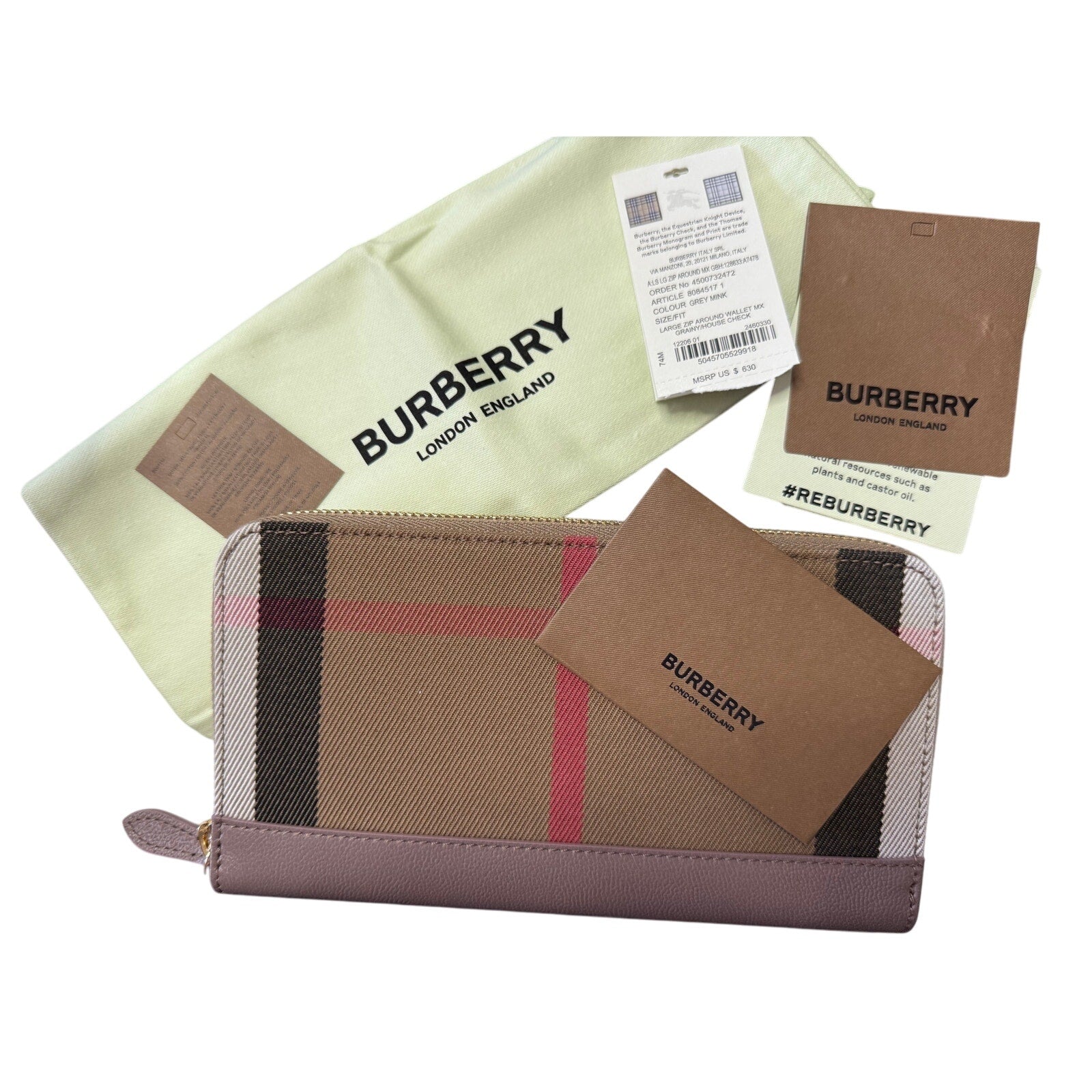 BURBERRY Long Zip Wallet*Grey Mink 100% Cotton Check & Leather*NEW w/TAGS