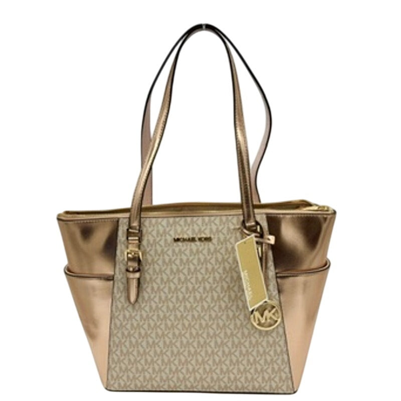 RETAIL $448 Michael Kors Charlotte Large Signature Logo Metallic Top-Zip Tote