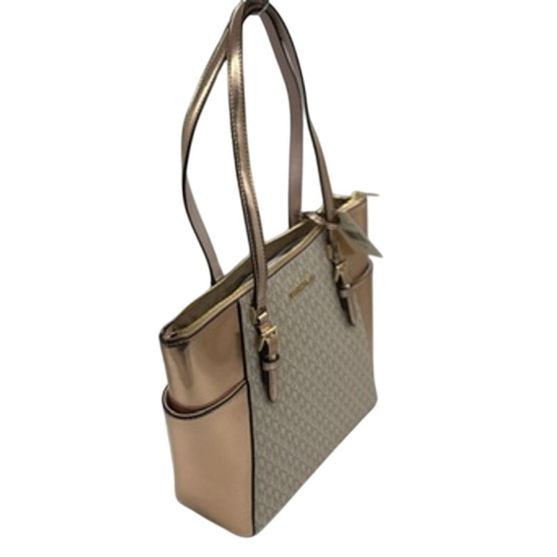 RETAIL $448 Michael Kors Charlotte Large Signature Logo Metallic Top-Zip Tote