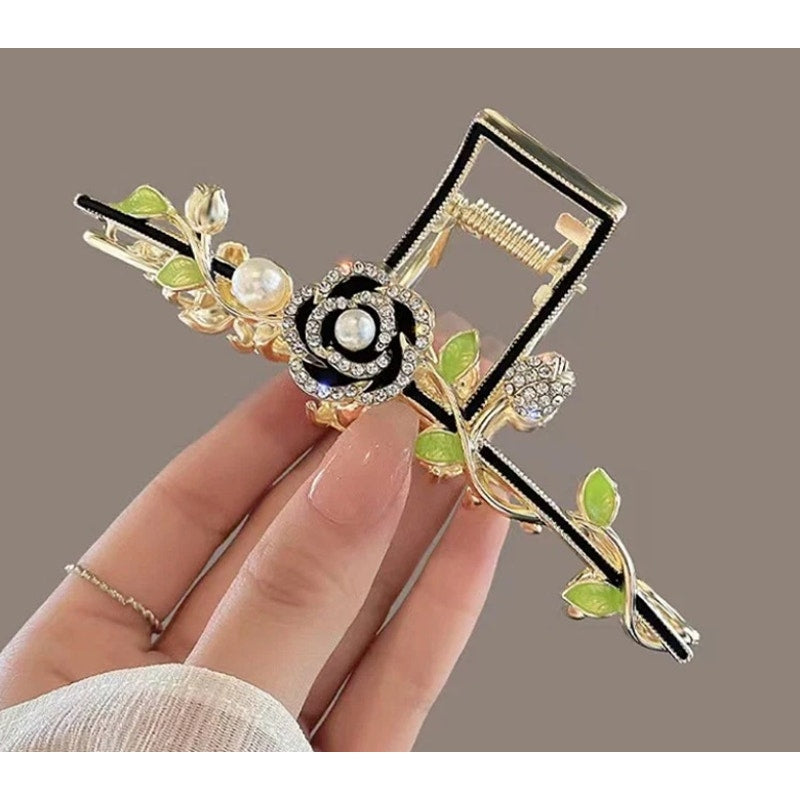 Retail $25 Camellia Flower & Pearl Like Resin Gold Hairclip*BEAUTIFUL