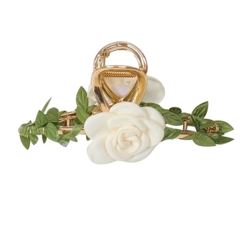 Retail $25 Satin Camellia Flower Gold Hairclip*BEAUTIFUL*WEDDING READY