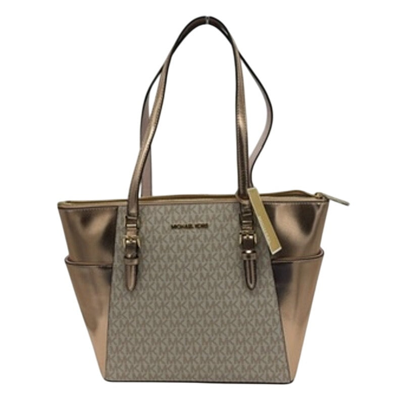 RETAIL $448 Michael Kors Charlotte Large Signature Logo Metallic Top-Zip Tote
