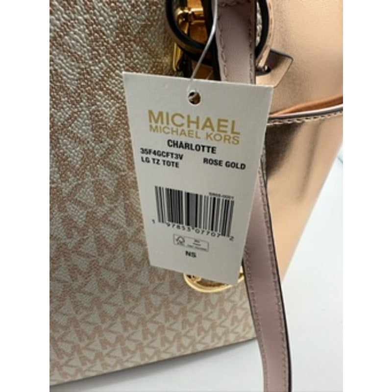 RETAIL $448 Michael Kors Charlotte Large Signature Logo Metallic Top-Zip Tote