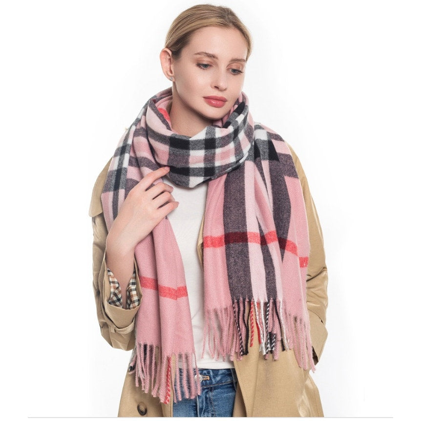 Fashion Check Tassel Oblong Scarf*Pink Check*SIZE: 26.5X74.8 INCH 100% POLYESTER