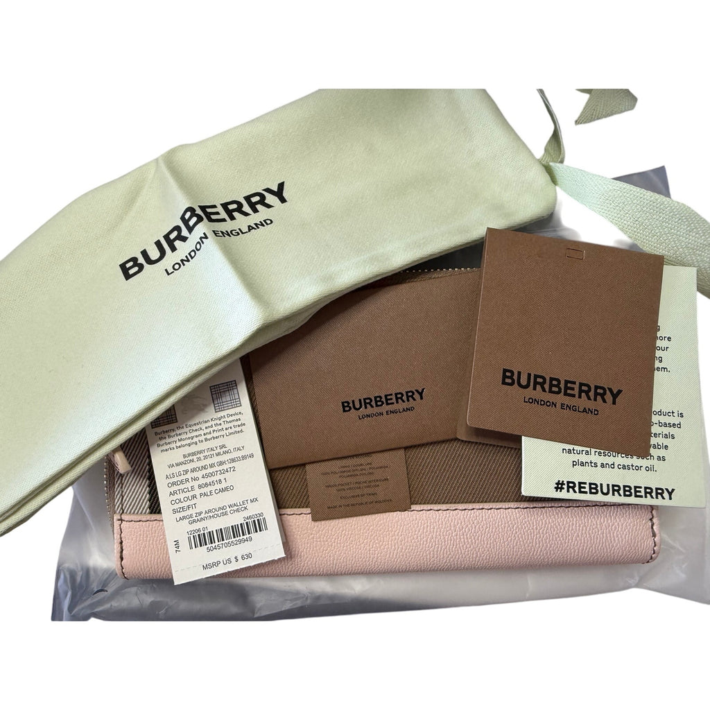BURBERRY Long Zip Wallet*Pale Cameo 100% Cotton Check & Leather*NEW w/TAGS
