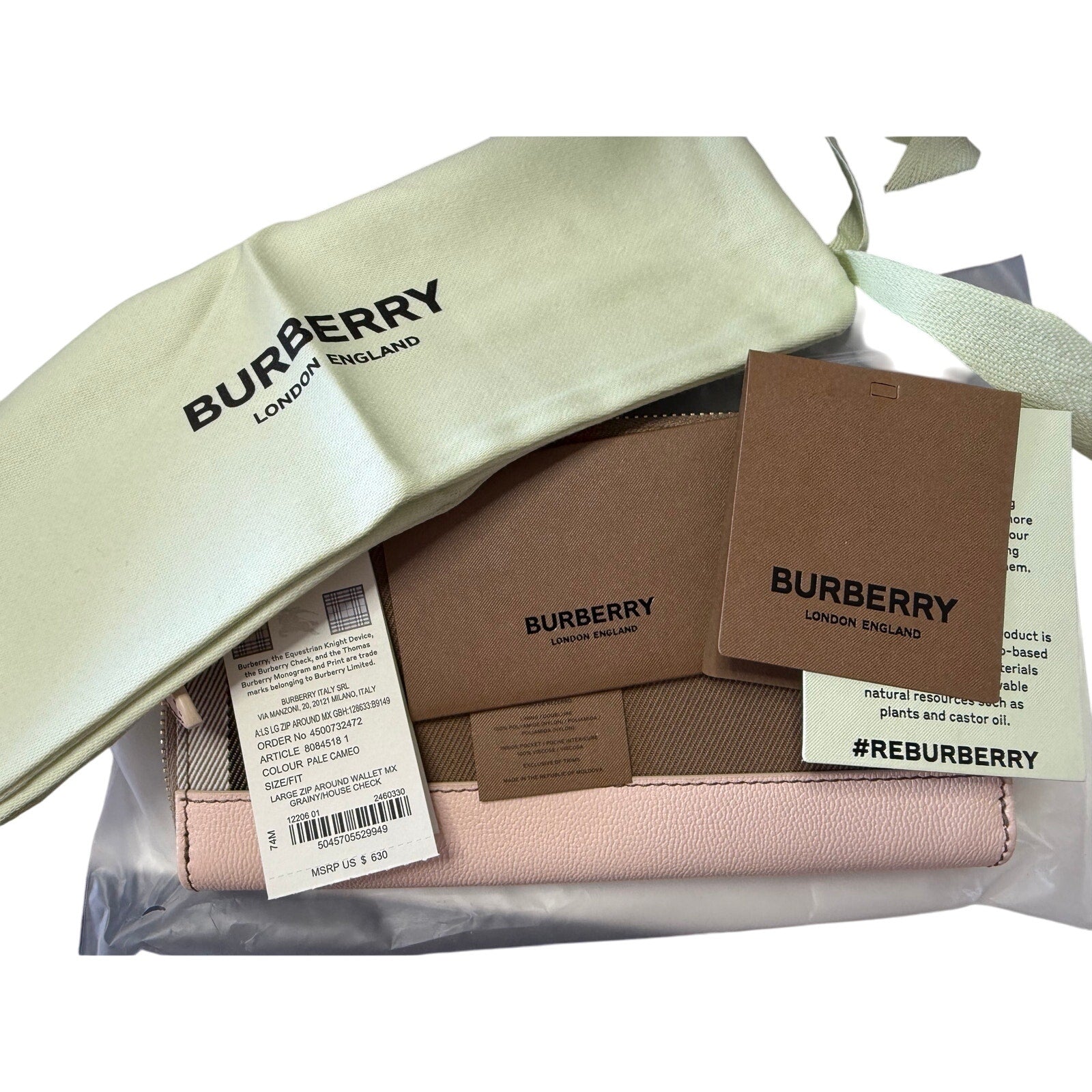 BURBERRY Long Zip Wallet*Pale Cameo 100% Cotton Check & Leather*NEW w/TAGS