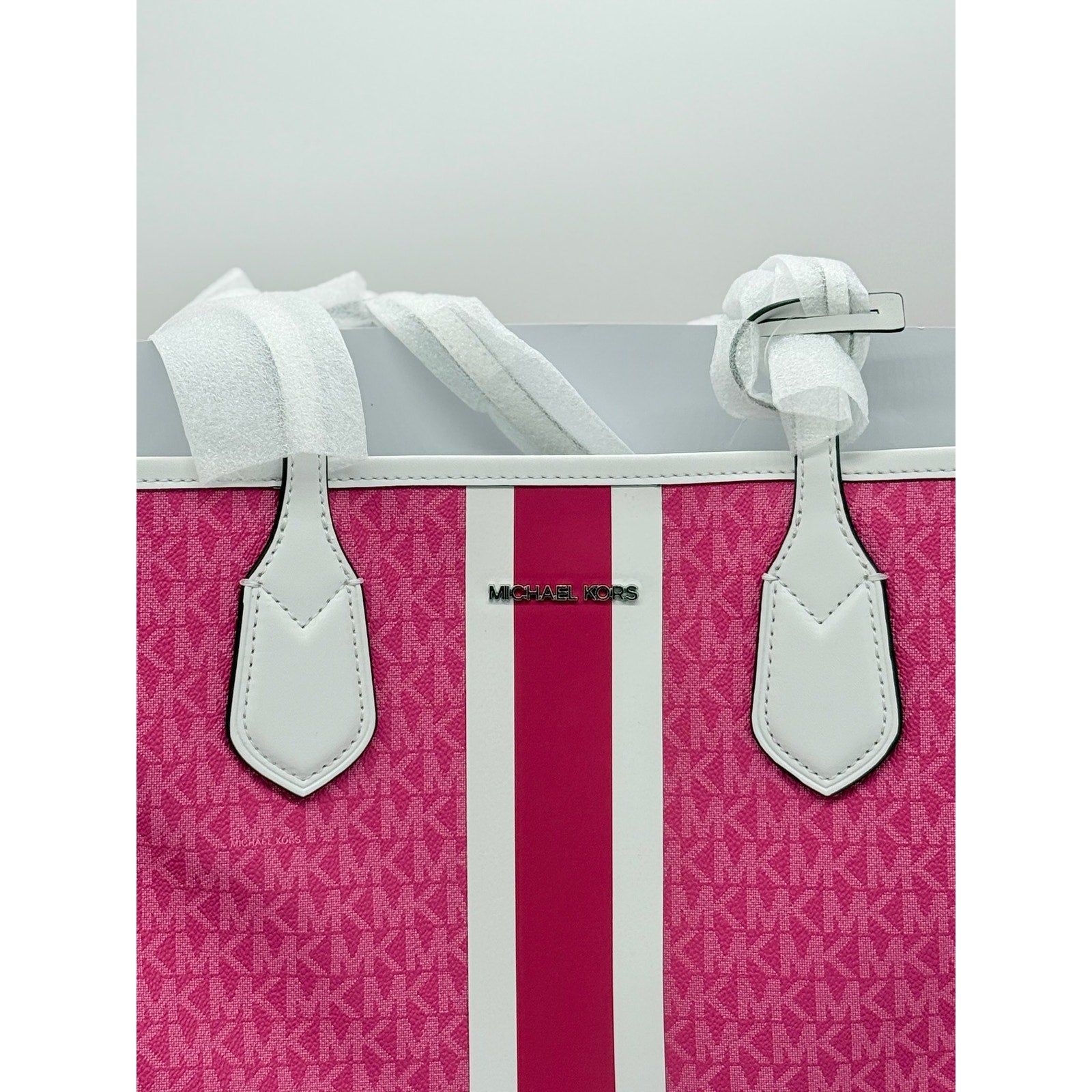 RETAIL $498 Michael Kors Pink Eva Large Signature Logo Stripe Tote Bag*NWT